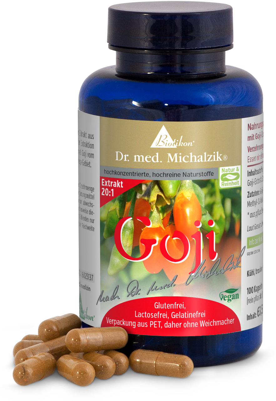 Extrait de Goji 20:1 – 100 Capsules Extrait de goji dans un emballage de capsule bleue, 100 capsules, sans gluten, végan