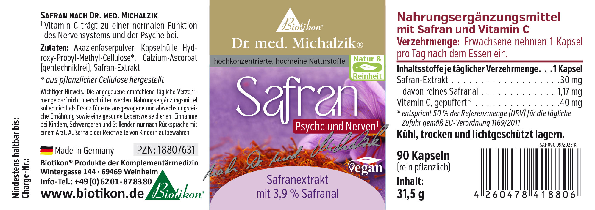 Safran 30 mg - Capsules Complément alimentaire avec du safran et de la vitamine C, 90 capsules, emballage en design violet et blanc, végan.