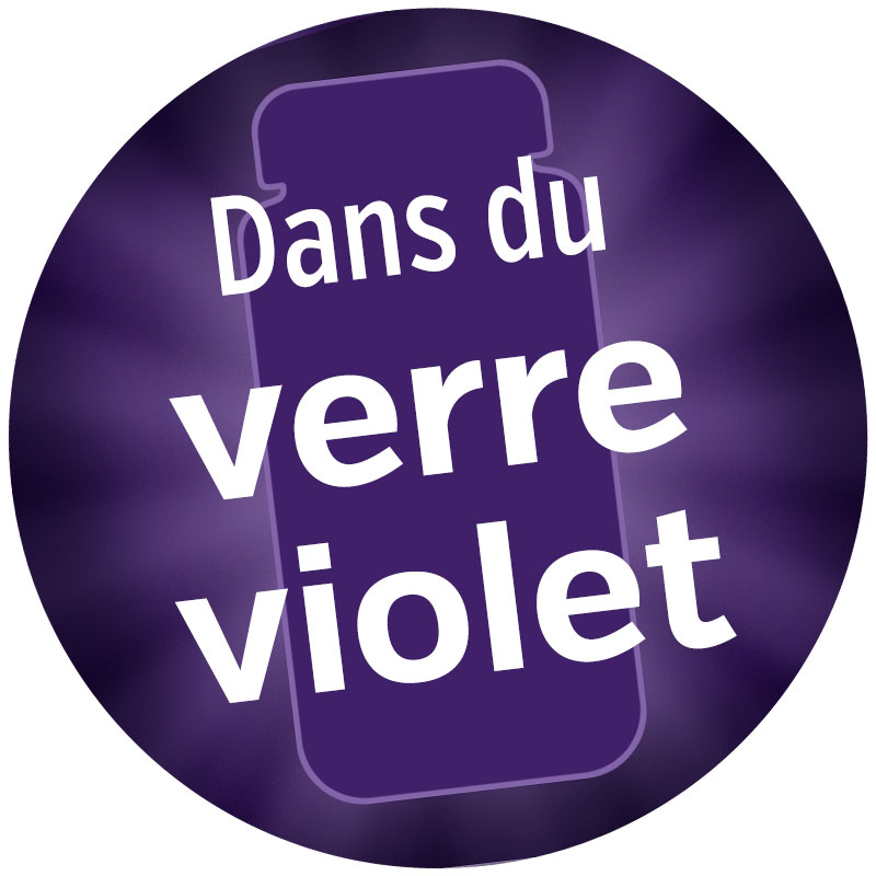 Verre violet rond avec texte blanc, visible sur fond violet, pour le stockage d'ingrédients.