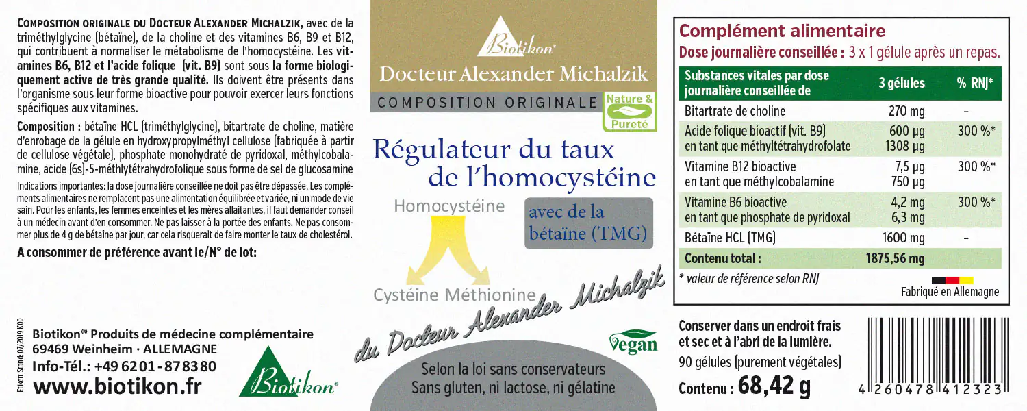 Régulateur d'Homocystéine – 90 Capsules Végétales Complément alimentaire avec 90 capsules végétales dans un emballage aux couleurs neutres, vu de face.