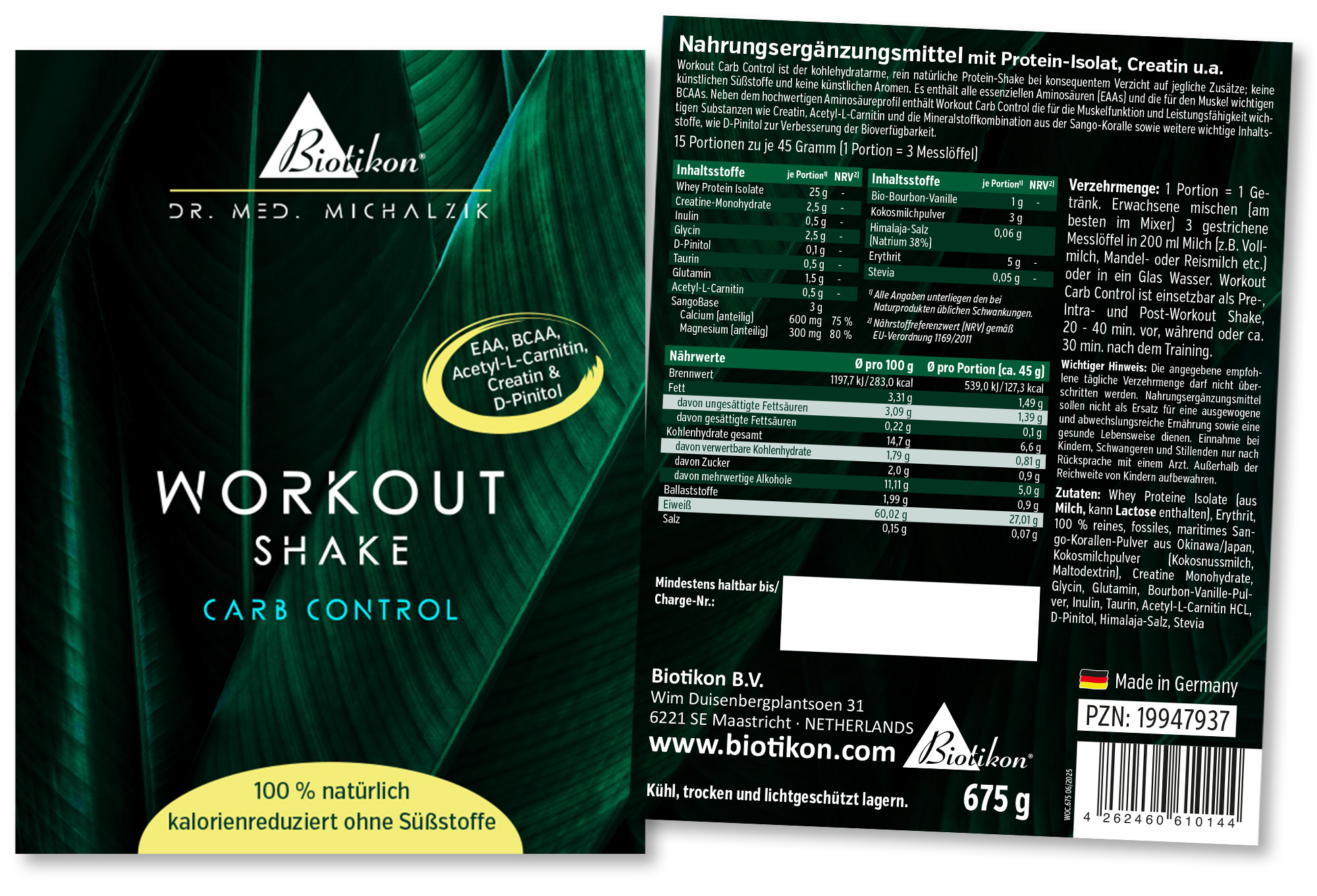 Shake d'Entraînement Contrôle des Glucides – 675 g Suppléments en emballage de 675 g, forme en poudre, verdâtre, pour les amateurs de fitness.