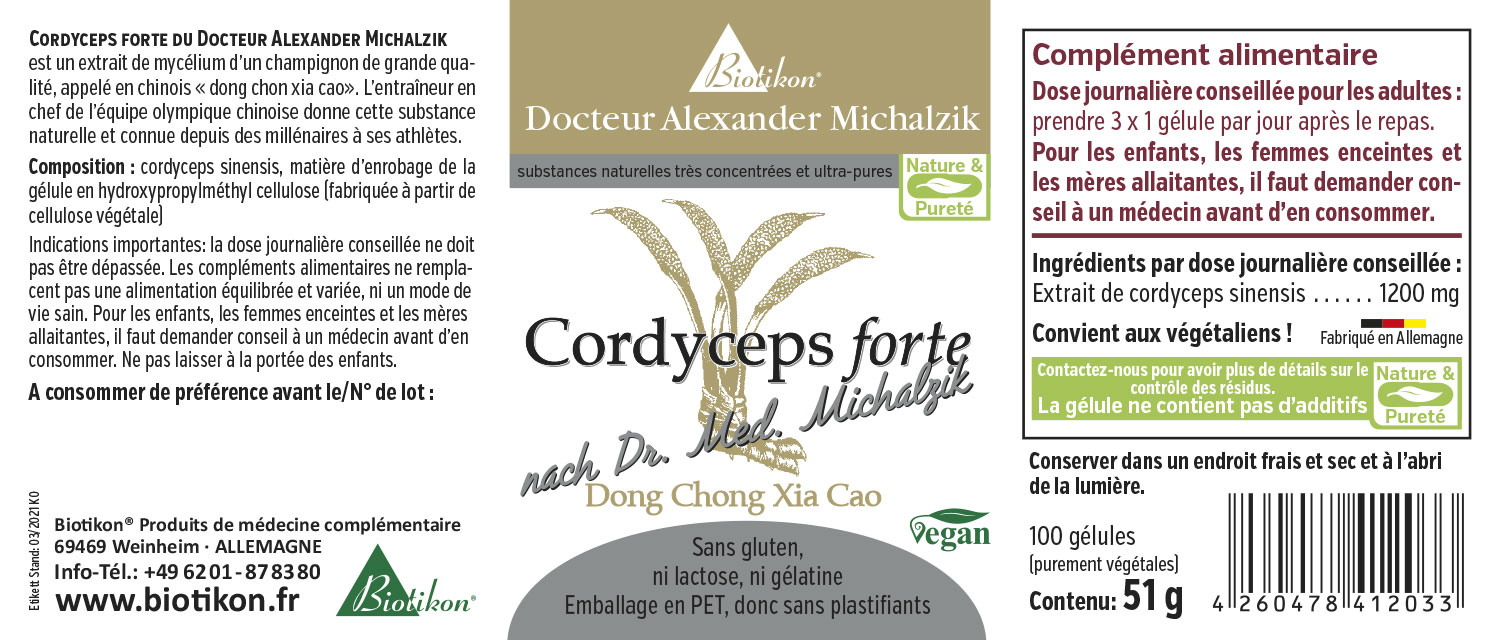 Cordyceps Forte 1200 mg – 100 Capsules Capsules de Cordyceps forte, 1200 mg, 100 capsules sans gluten, emballage en PET brun, végan.