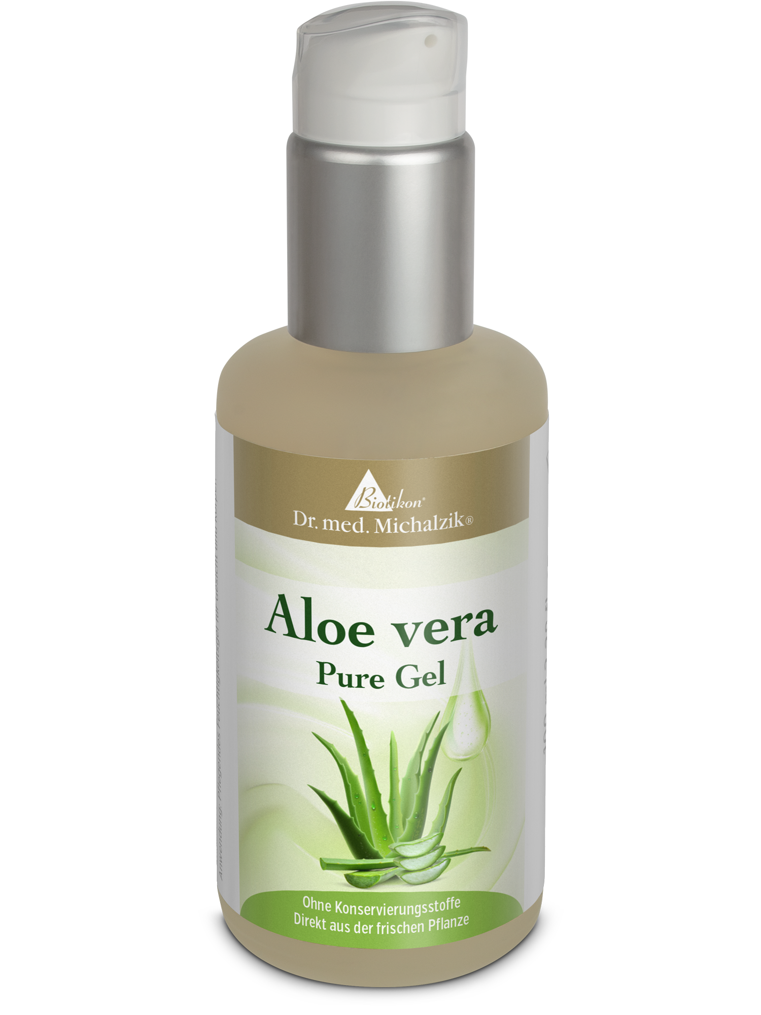 Gel Pur Aloe Vera – 100 ml Gel pur d'Aloe Vera dans une bouteille de 100 ml avec pompe, emballage transparent et vert.