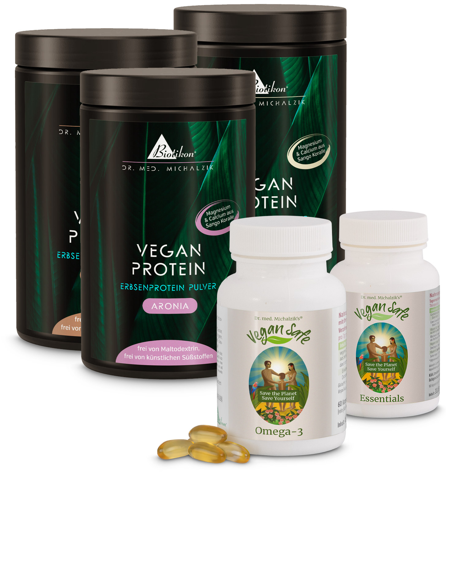 Quatre conteneurs de poudre de protéines végétales de différentes couleurs et étiquettes, ainsi que des capsules d'Omega-3 et des essences, sur fond blanc.