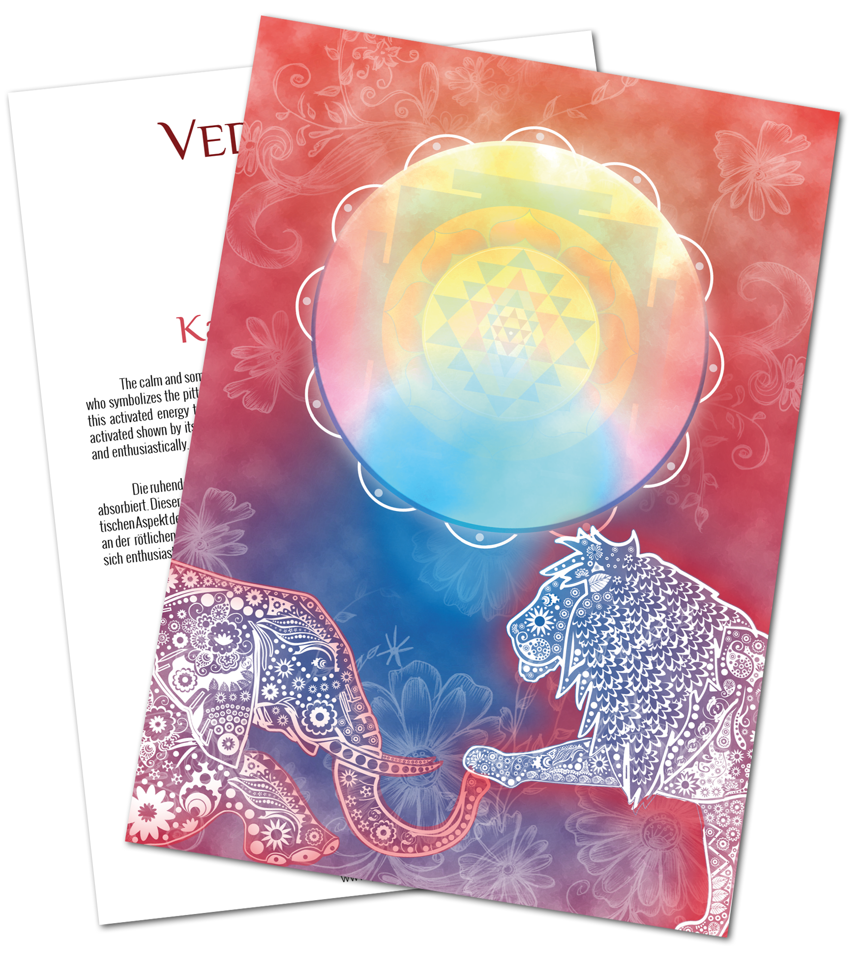 VedaCard Kapha - Design Mandala Coloré Carte mandala au format A4, avec éléphant et lion colorés, papier à motif floral.