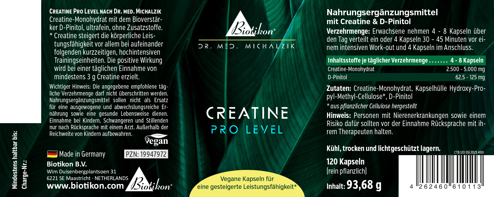 Créatine Pro Niveau – 120 Gélules Gélules véganes avec créatine monohydrate et D-Pinitol, 120 pièces dans un emballage noir, vue de face.