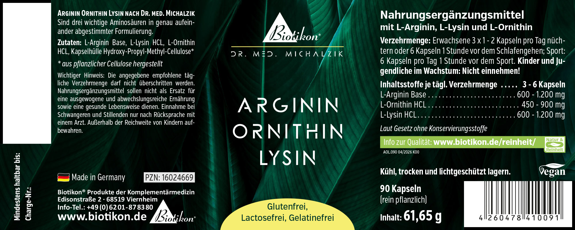 Complément alimentaire en emballage PET, 90 capsules végétales, contient L-Arginine, L-Ornithine, L-Lysine, sans gluten.