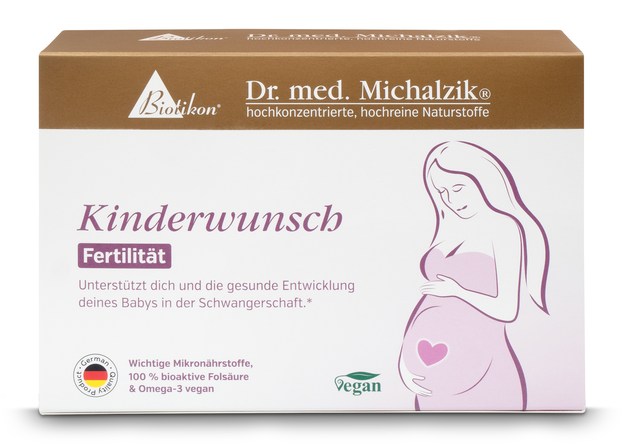 Fertilité pour la Planification Familiale – 30 Capsules Emballage de Fertilité pour la Planification Familiale, 30 capsules véganes, design avec une femme enceinte sur le devant.
