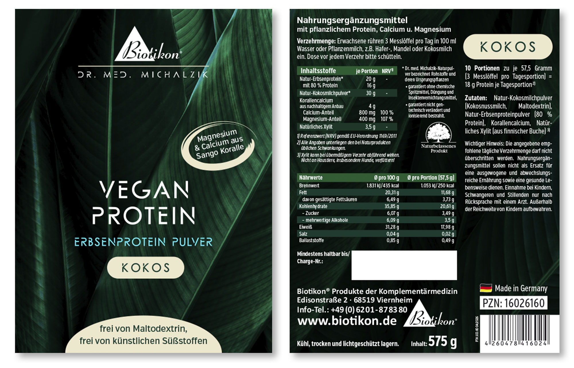 Poudre de protéine végétale dans un emballage de 575 g, beige clair, avec informations nutritionnelles au dos.