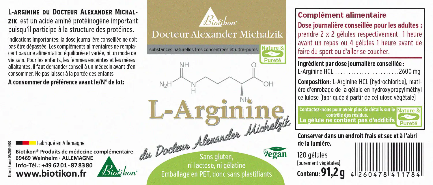L-Arginine 2600 mg – 120 Capsules Capsules de L-arginine, 2600 mg, emballage PET, végan, 120 pièces, vue de côté.
