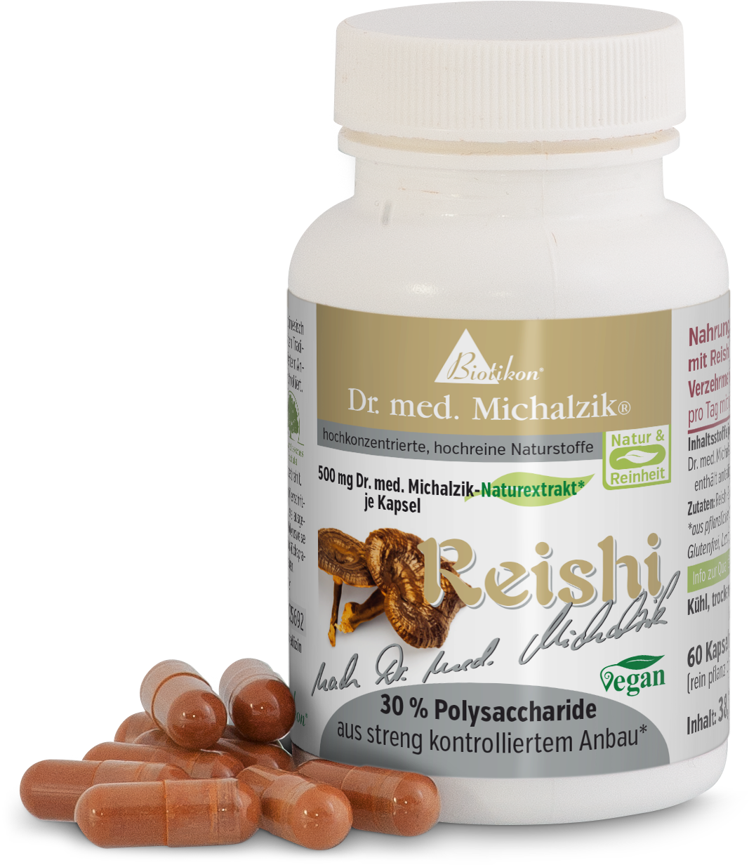 Capsules de Reishi 500 mg – 60 pièces Capsules de Reishi dans un conteneur transparent, 500 mg par capsule, 60 capsules, capsules brunes sur fond blanc.
