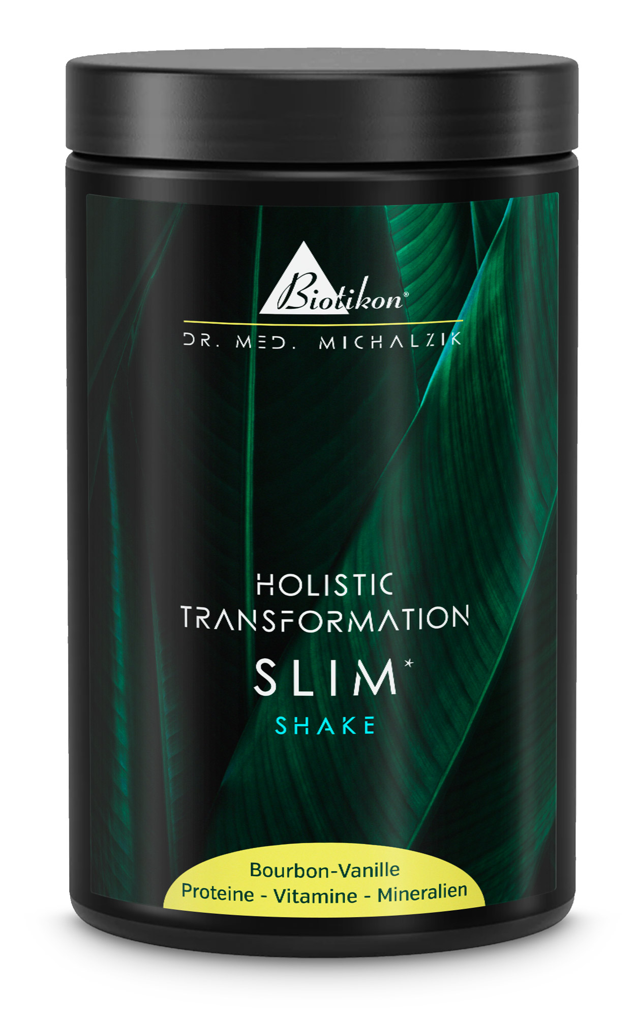 Slim Shake – Boisson Protectrice Bourbon Vanille Conteneur noir de Slim Shake, saveur Bourbon Vanille, riche en protéines, vitamines et minéraux, vue latérale.