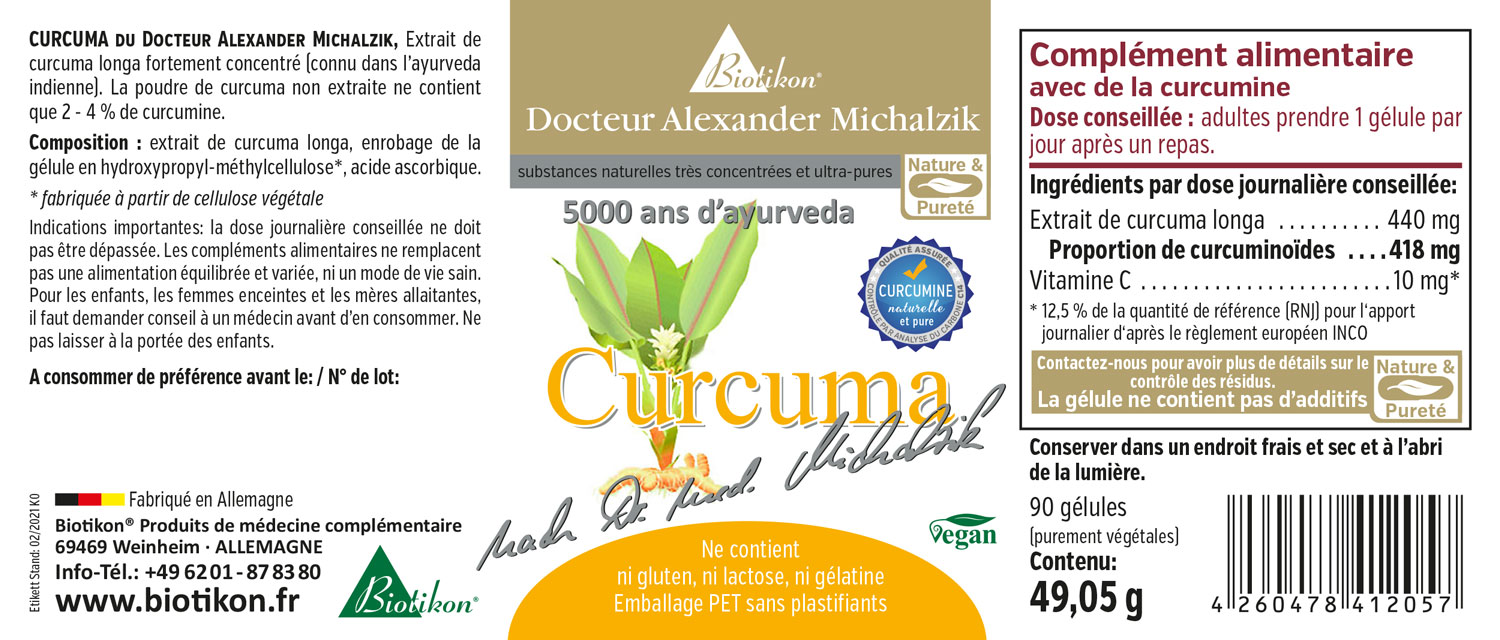Curcuma 440 mg – 90 Capsules Gélules avec extrait de curcuma, 440 mg par gélule, dans un contenant en PET transparent, végétalien.