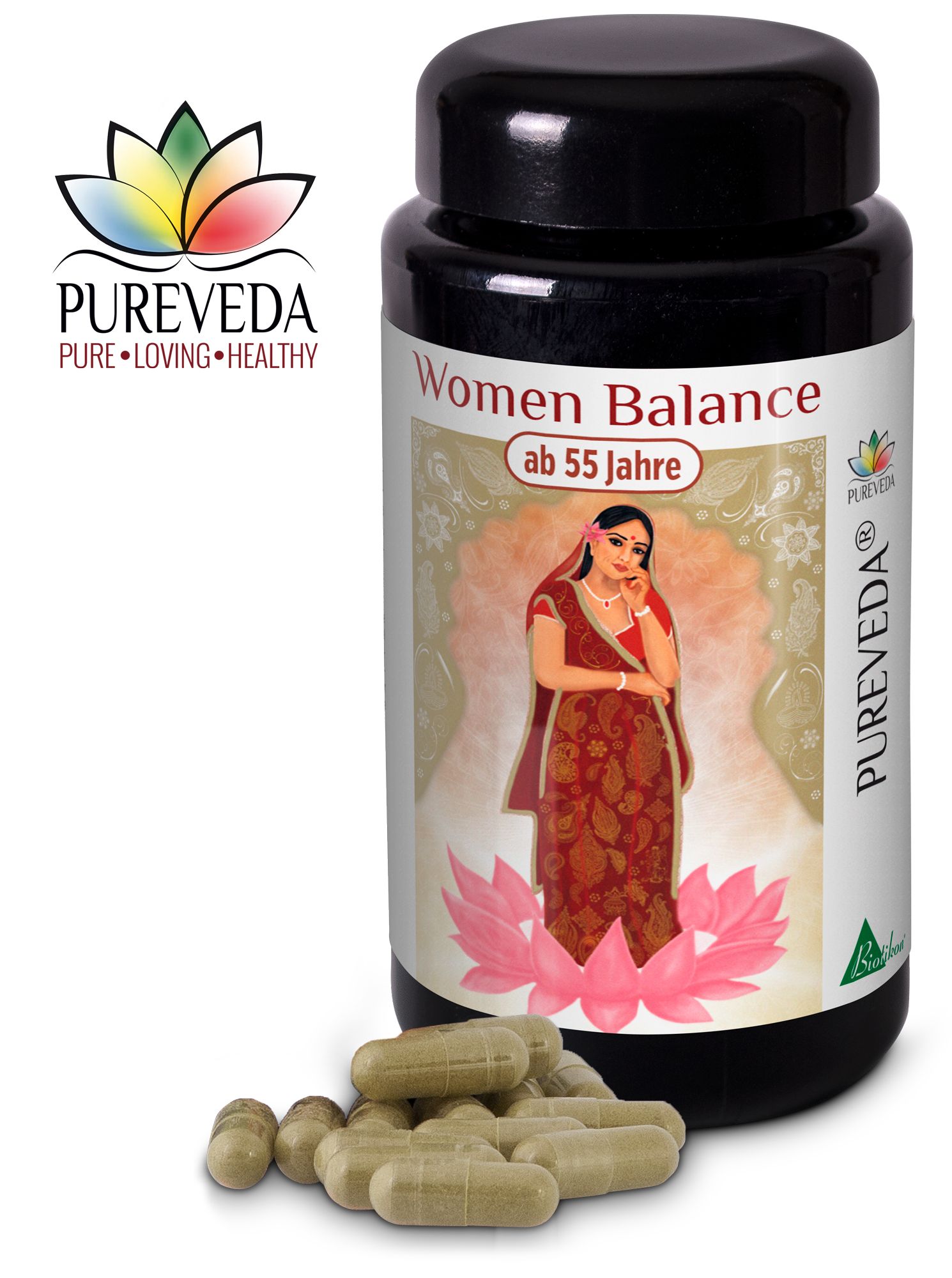 Capsules Équilibre Femme – à partir de 55 ans Bouteille en verre foncé contenant des capsules 'Équilibre Femme' pour les femmes de 55 ans et plus, capsules beige visibles.