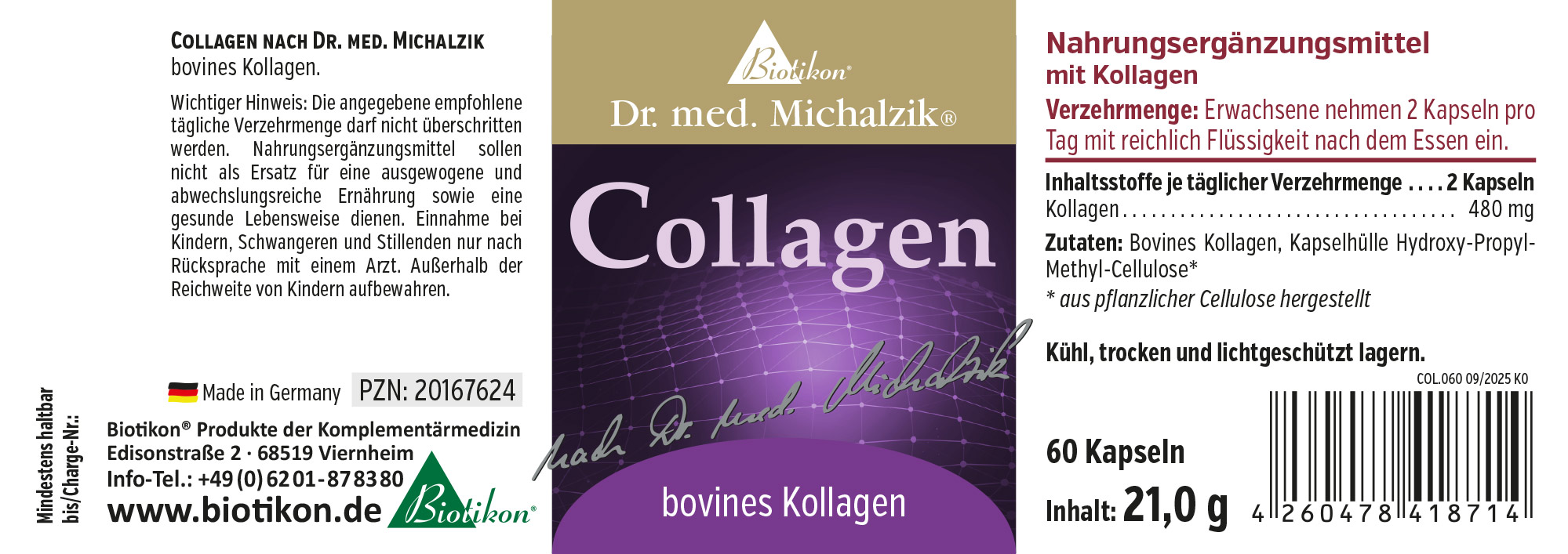 Collagène 480 mg – 60 Capsules Complément alimentaire collagène, 60 capsules, emballage violet, vue de face.