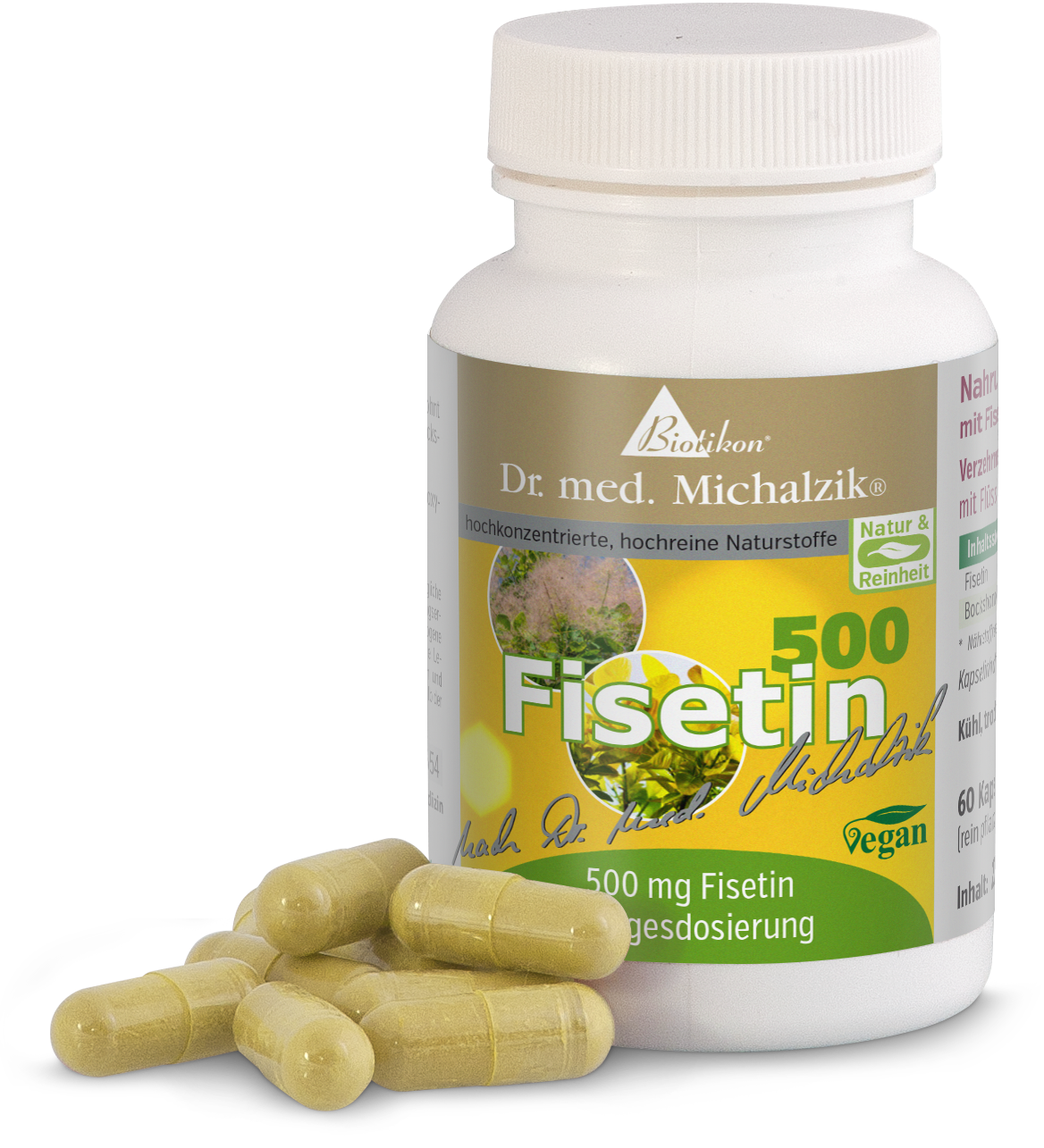 Fisetin 500 mg – Capsules Bouteille contenant 60 capsules véganes de Fisetin 500 mg, jaunâtre, vue latérale.