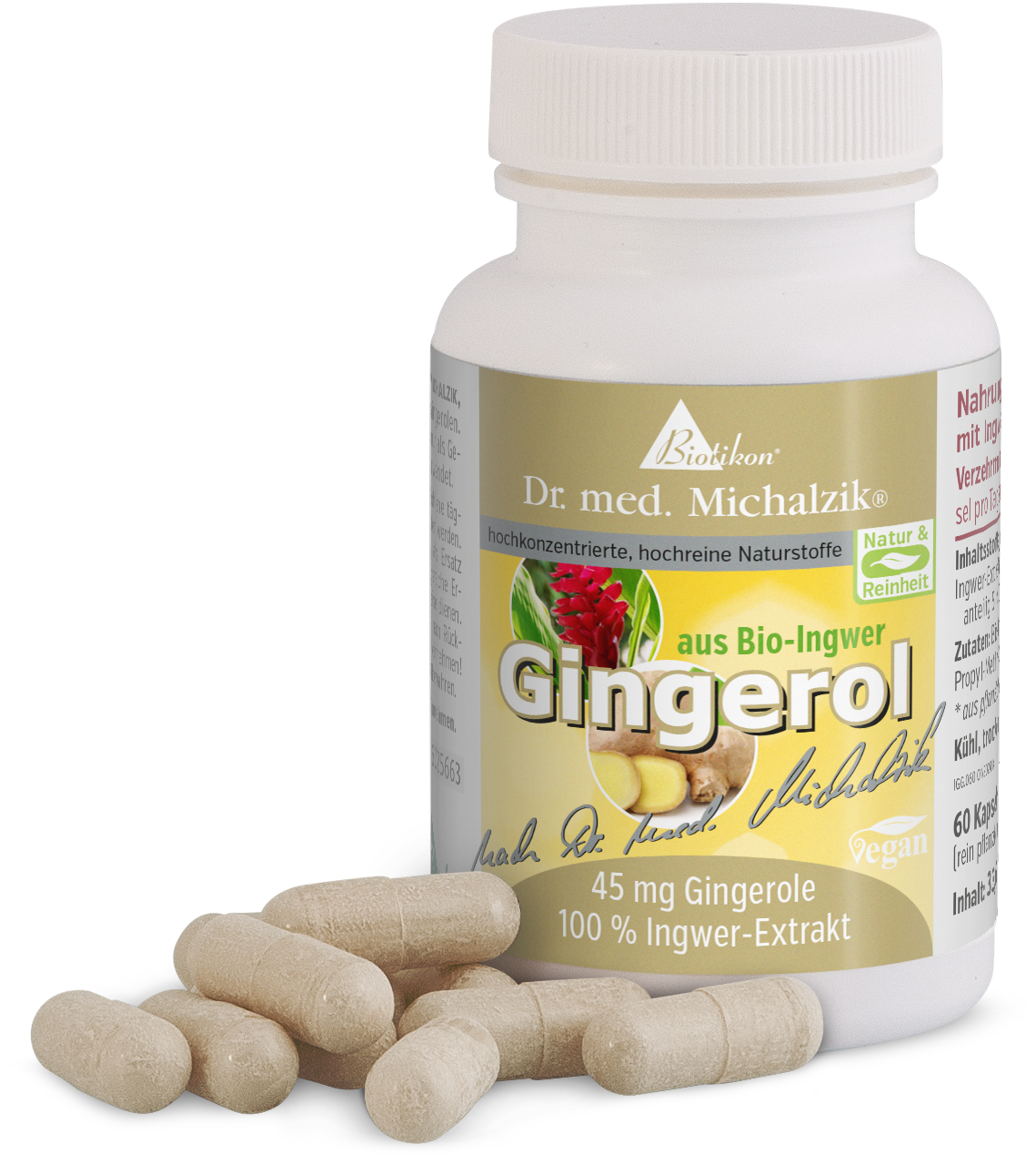 Gingerol 45 mg – Capsules Bouteille de capsules de Gingerol, 60 unités, marron clair, à base de gingembre bio, forme végétalienne.