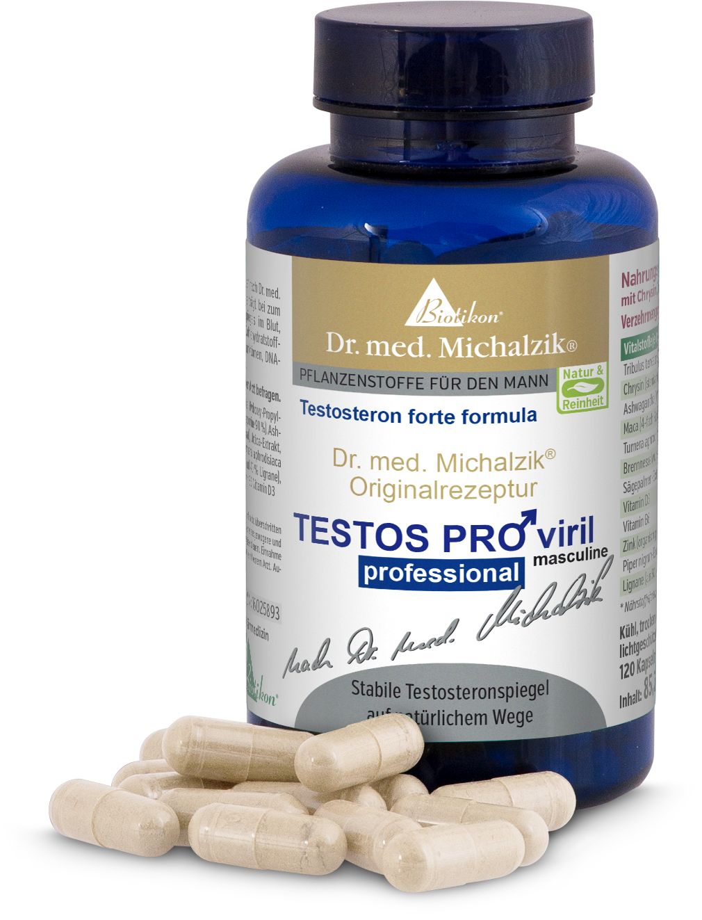 Testostérone Forte 120 Capsules – Dr. Michalzik Bouteille bleue avec formule Testostérone Forte, 120 capsules, sur fond blanc.
