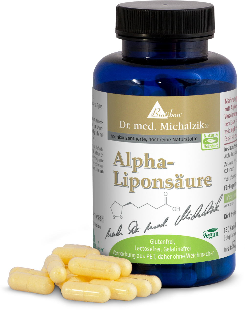 Acide alpha-lipoïque 180 gélules - Formule végétale Flacon bleu contenant 180 gélules jaunes, végétal, sans gluten, sans lactose.