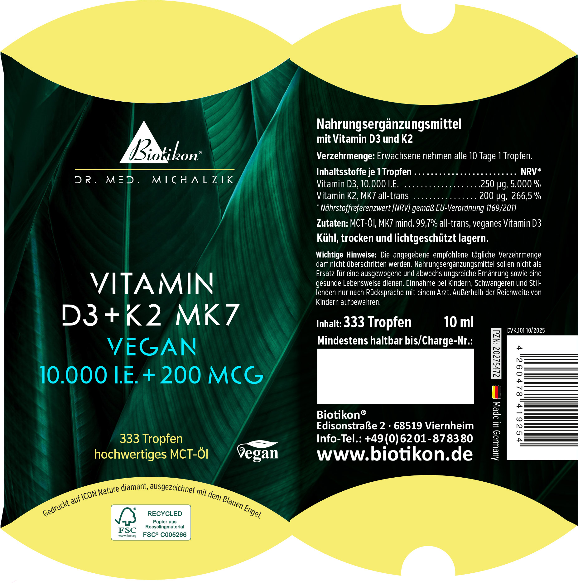Vitamine D3 + K2 10 000 UI 200 mcg, boîte coussin végétalienne Vitamine D3 + K2 10 000 UI 200 mcg, boîte coussin végétalienne
