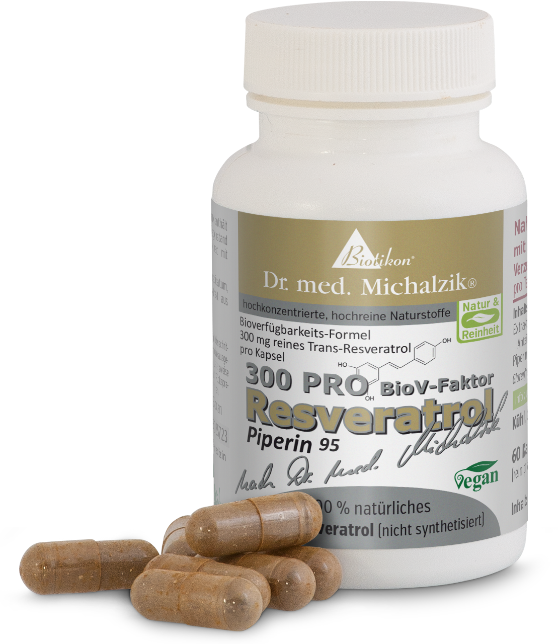Resvératrol 300 mg – Capsules Bouteille de 60 capsules, capsules beige sur la table, véganes, avec graphiques promotionnels.