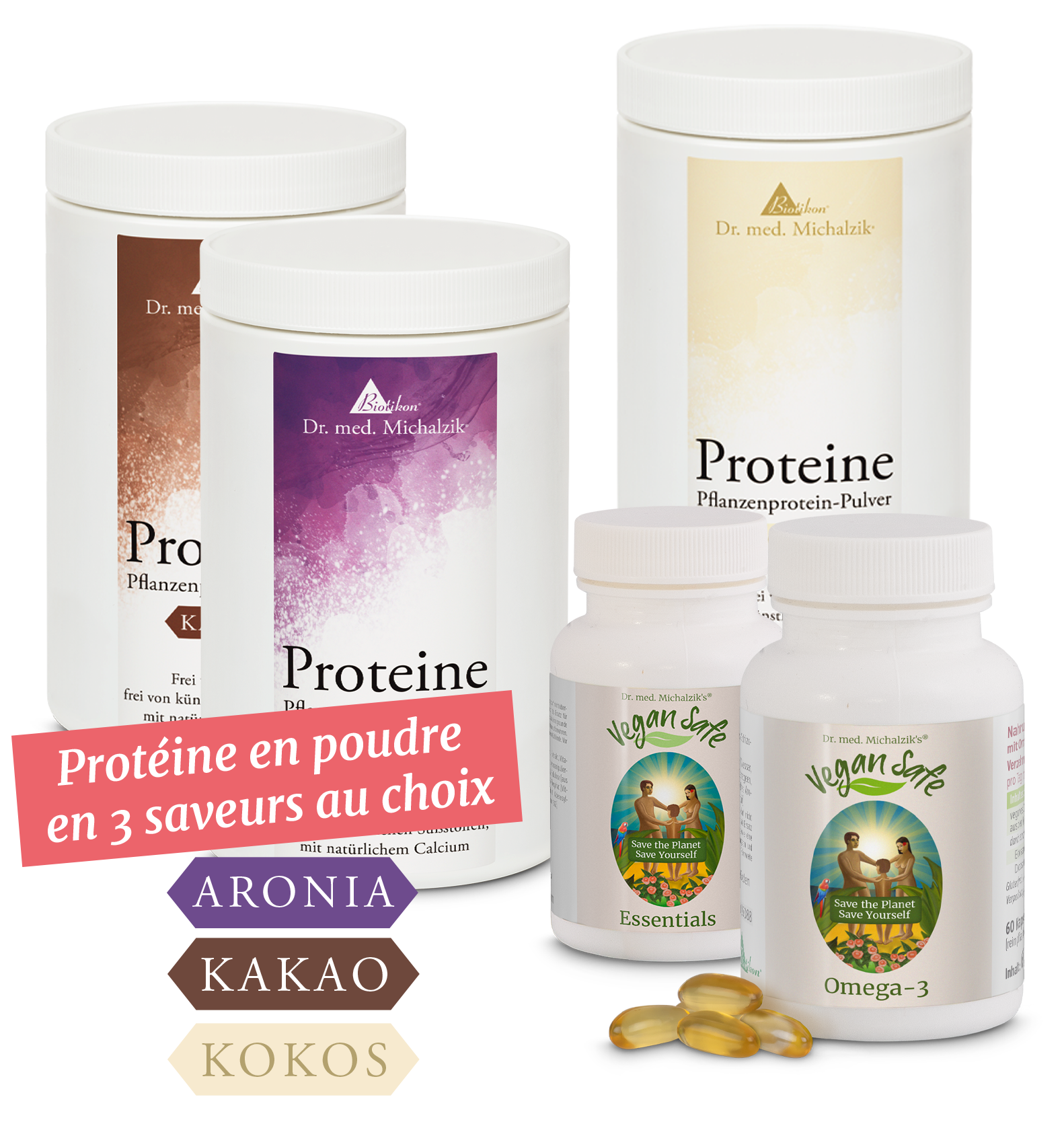 Poudre de protéines végétales – 3 saveurs Trois boîtes de protéines végétales en poudre de différentes saveurs et deux bouteilles de compléments nutritionnels, le tout aux couleurs vives.
