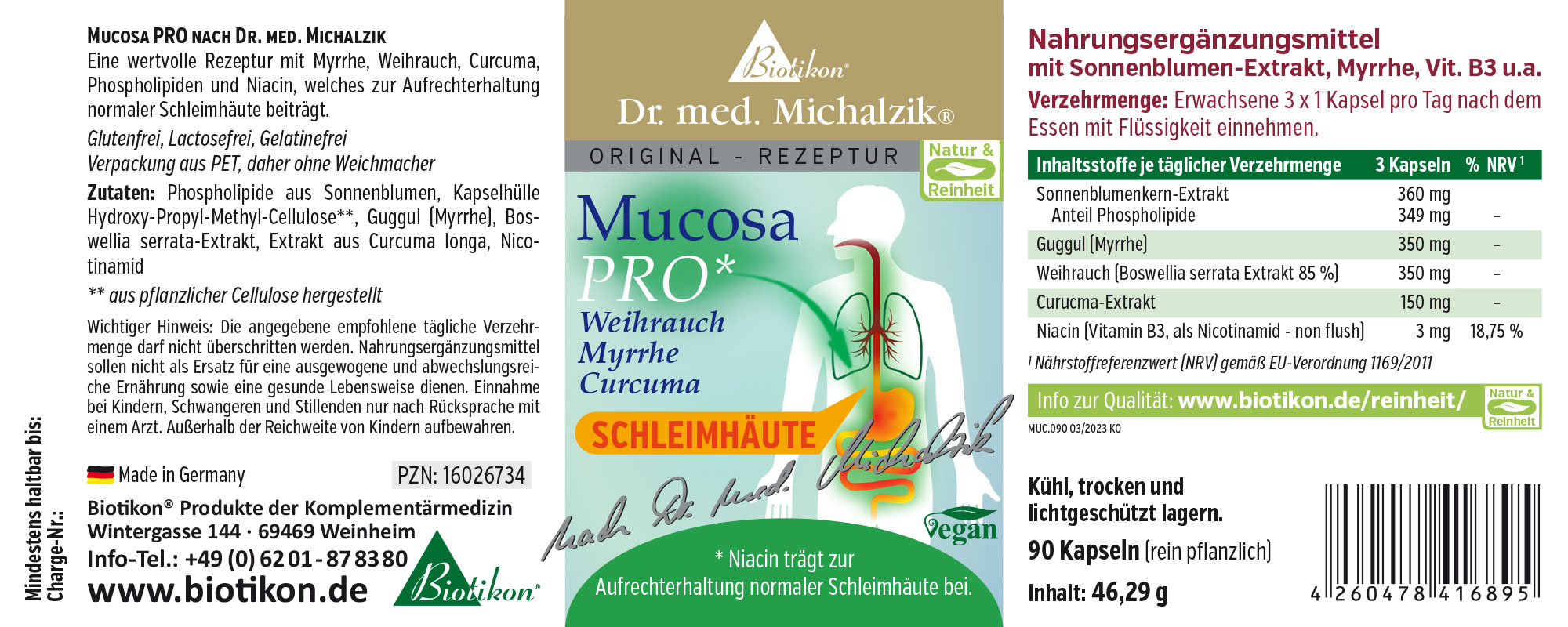 Mucosa PRO 90 Capsules - Myrrhe, Encens, Curcuma Supplément en emballage PET, 90 capsules véganes, étiquetage vert et blanc.