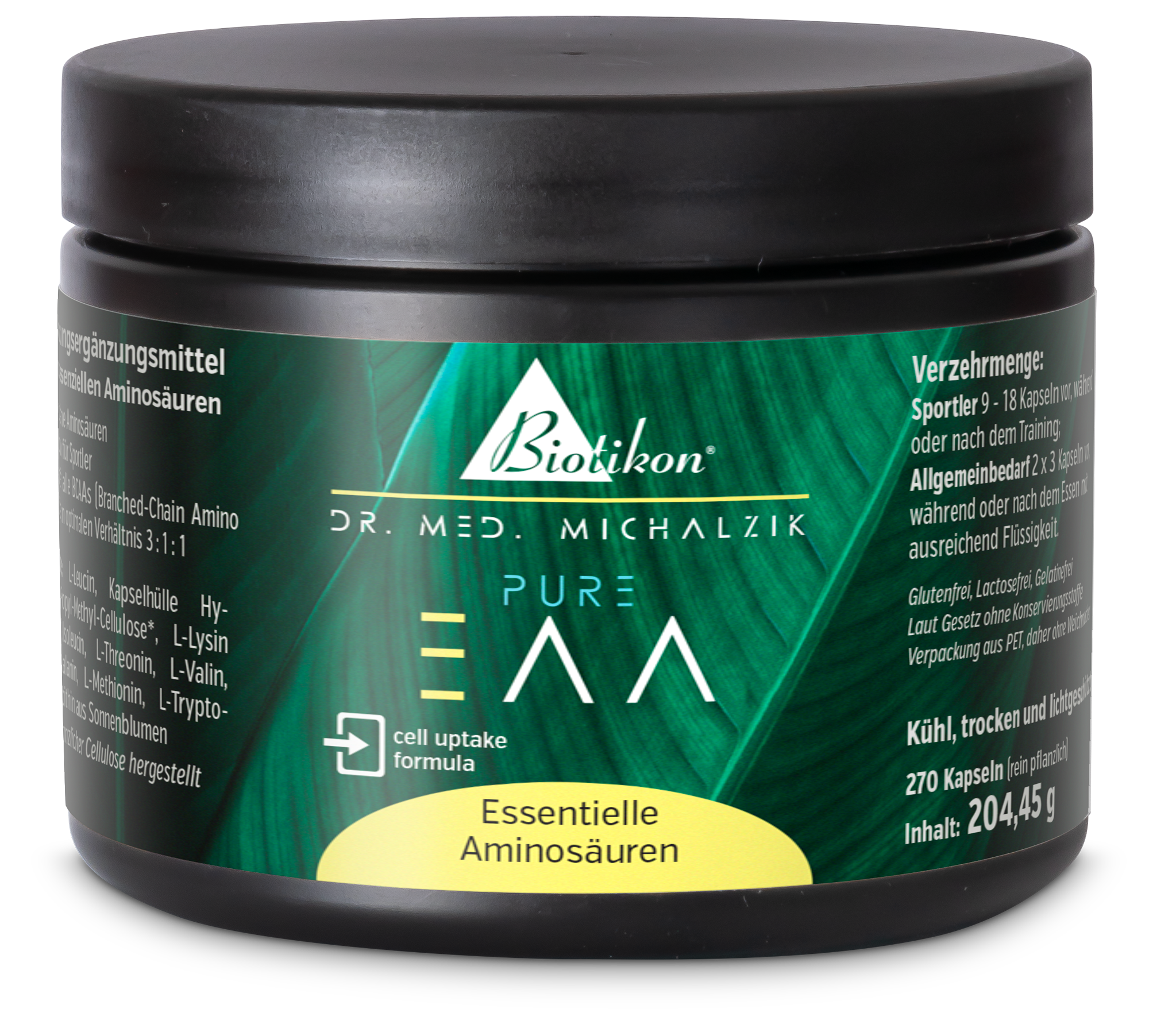 Contenant de 270 capsules d'acides aminés essentiels, emballage vert, vue de face.