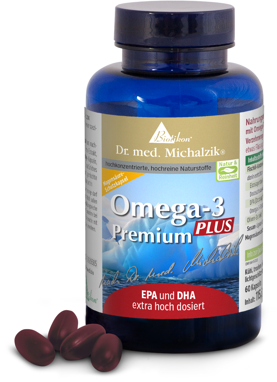 Omega-3 Premium PLUS – 60 Capsules Bouteille bleue avec 60 capsules, capsules marron-roux visibles, étiquette de produit clairement visible.