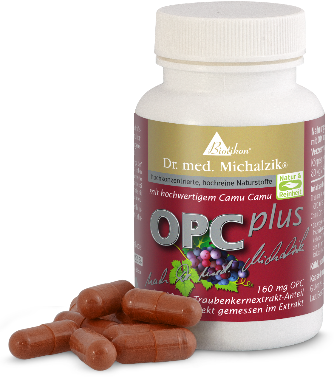 OPC Plus 160 mg – Capsules Bouteille de capsules OPC Plus, 160 mg, capsules rouges, vue de face, emballage et capsules.