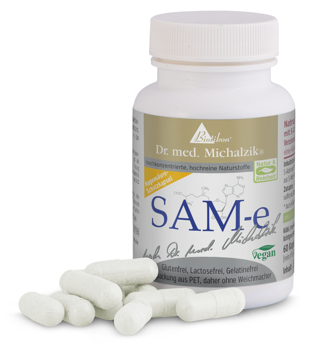 SAM-e 60 capsules – capsules de protection contre l'acide gastrique Capsules blanchâtres en emballage PET, 60 pièces, sur fond clair.