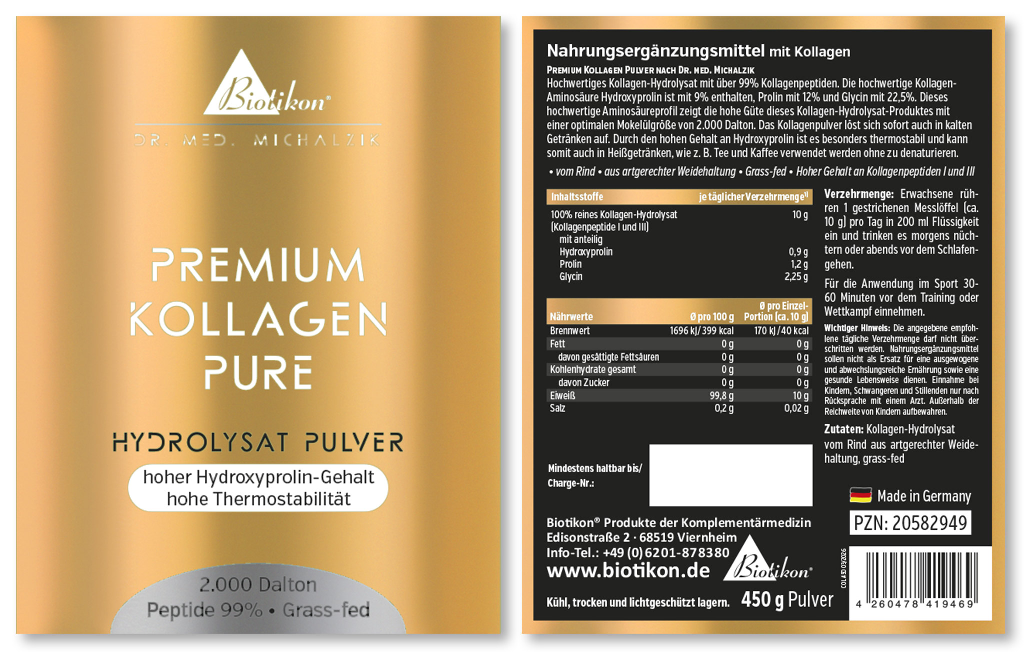 Poudre d'hydrolysat de collagène de qualité supérieure - Image de l'étiquette (recto et verso)