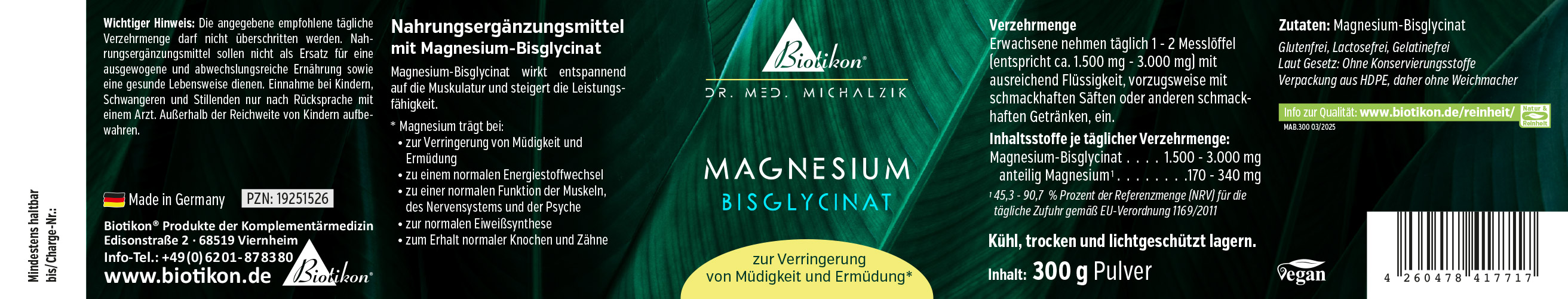 Bisglycinate de Magnésium – Poudre de 300 g Complément alimentaire de bisglycinate de magnésium, poudre de 300 g dans un emballage sombre, vegan et sans additifs.
