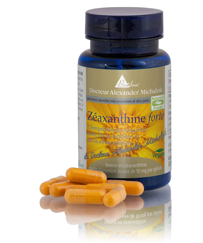 Zéaxanthine Forte 10 mg – Capsules Capsules de zéaxanthine forte couleur orange, 60 pièces dans une bouteille bleue, vue de côté.