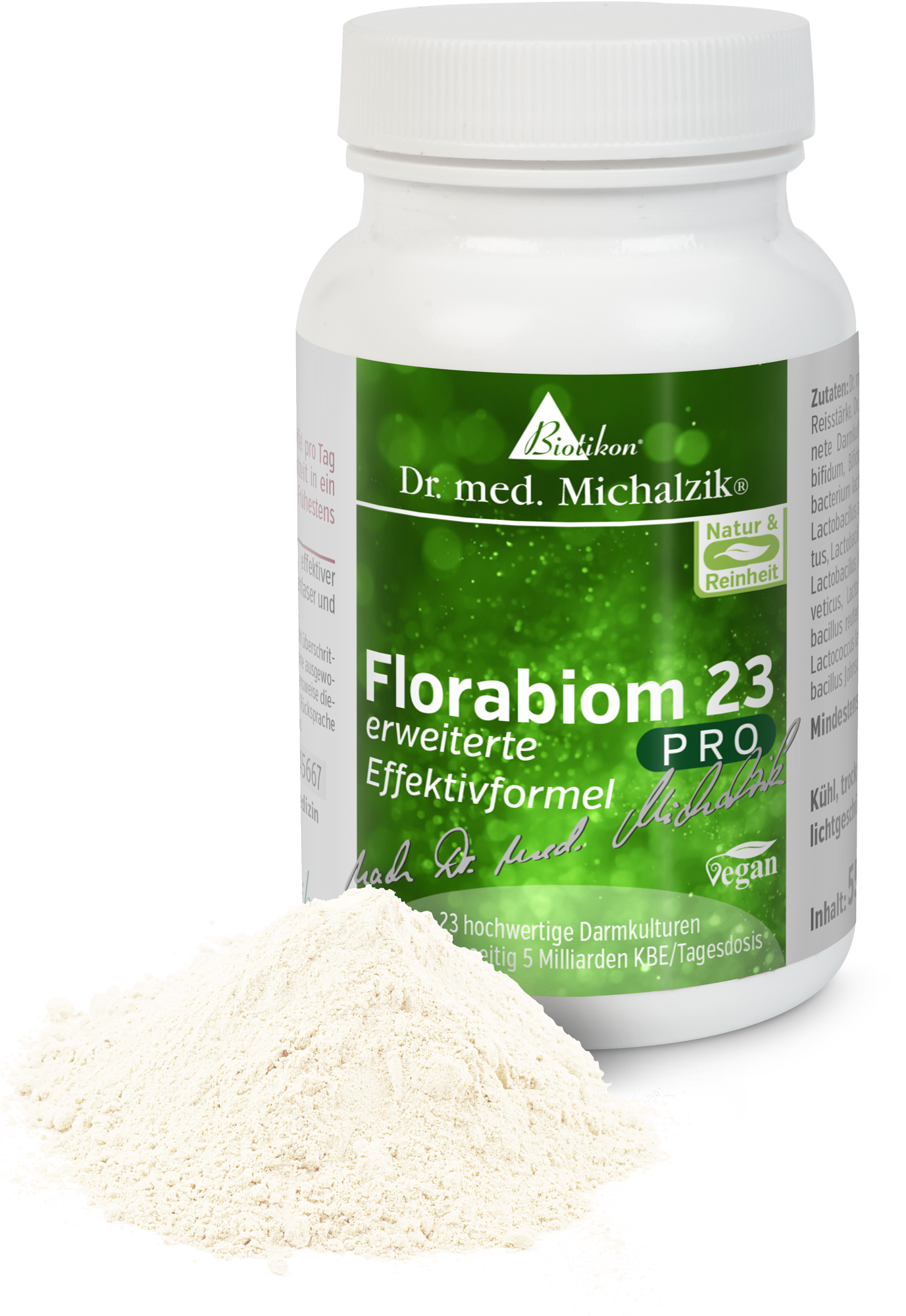 Florabiom 23 PRO – Poudre Probiotique, 250g Poudre probiotique contenant 23 cultures intestinales de haute qualité, boîte de 250g avec un contenu blanc.