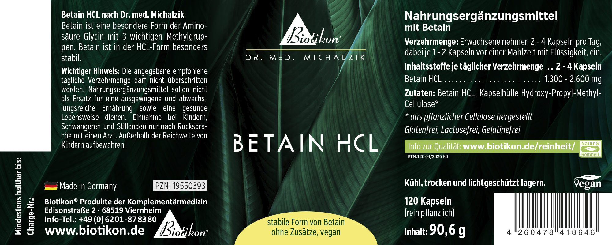 Complément alimentaire Bétaïne HCL dans un emballage de 120 capsules véganes, emballage vert, vue de face.