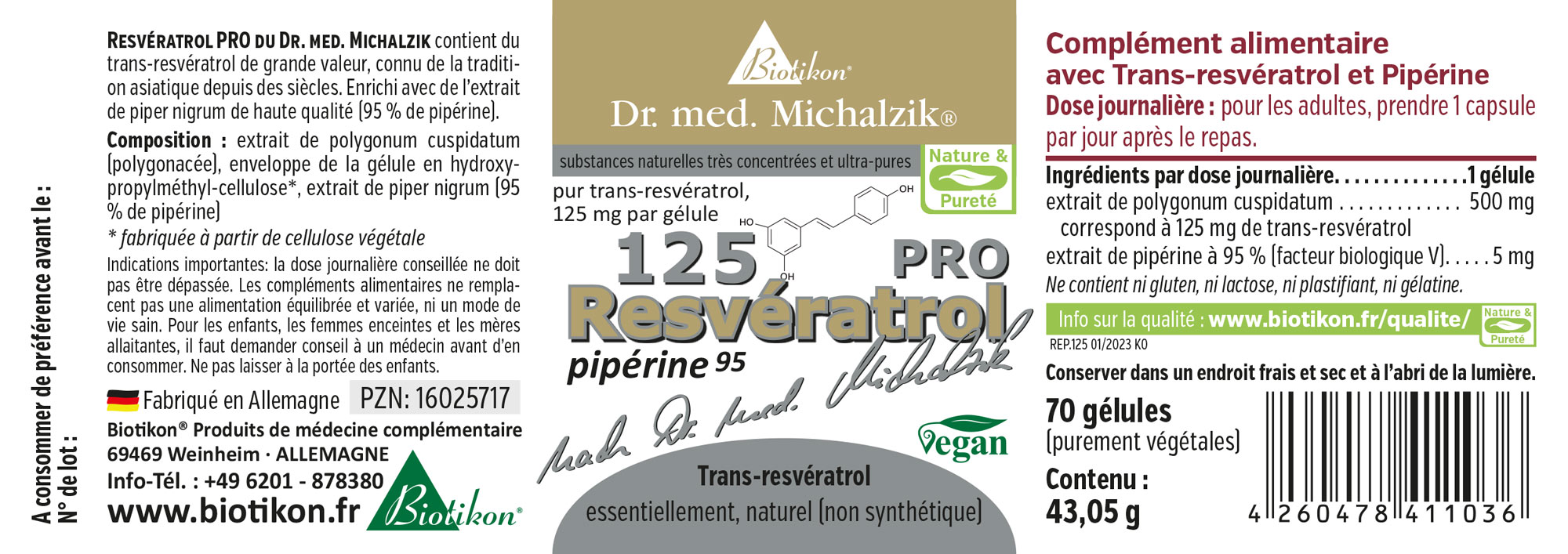 Étiquette Resvératrol 125 PRO Capsules de trans-resvératrol, 125 mg chacune, emballage vegan, 70 pièces, vert et or.