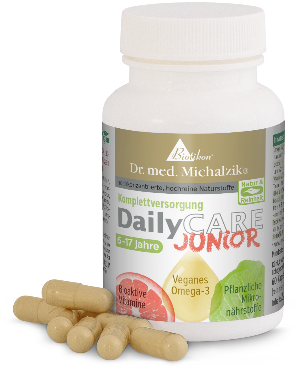 Omega-3 Végétalien – Capsules pour Enfants Bouteille de 60 capsules de complément alimentaire Omega-3 végétalien, capsules jaunes, vue de face.