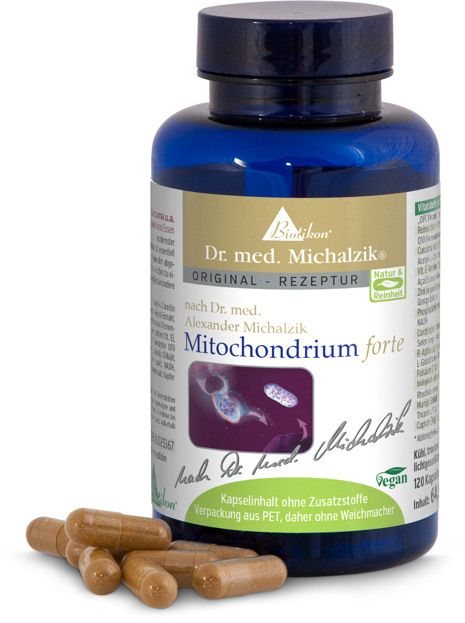 Mitochondrium Forte – 120 Capsules Végétaliennes Flacon bleu avec 120 capsules végétaliennes, capsules beiges présentées sur la table.