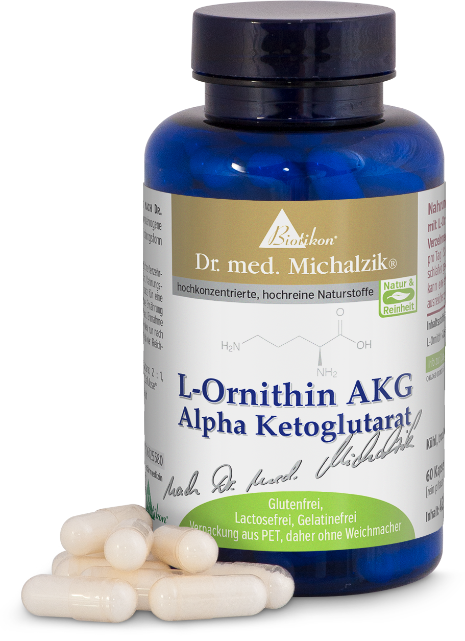 L-Ornithine AKG – 60 Capsules Conteneur en plastique bleu avec 60 capsules de L-Ornithine AKG, vue de face, complément alimentaire.