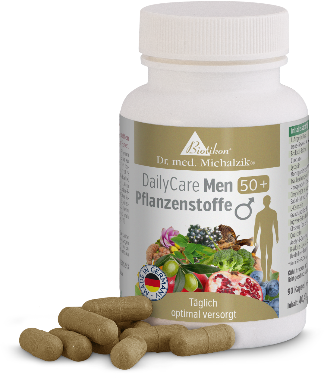 Capsules végétales 90 pcs – DailyCare Men 50+ Emballage des capsules DailyCare Men 50+, 90 capsules végétales dans un flacon clair, entourées de capsules.