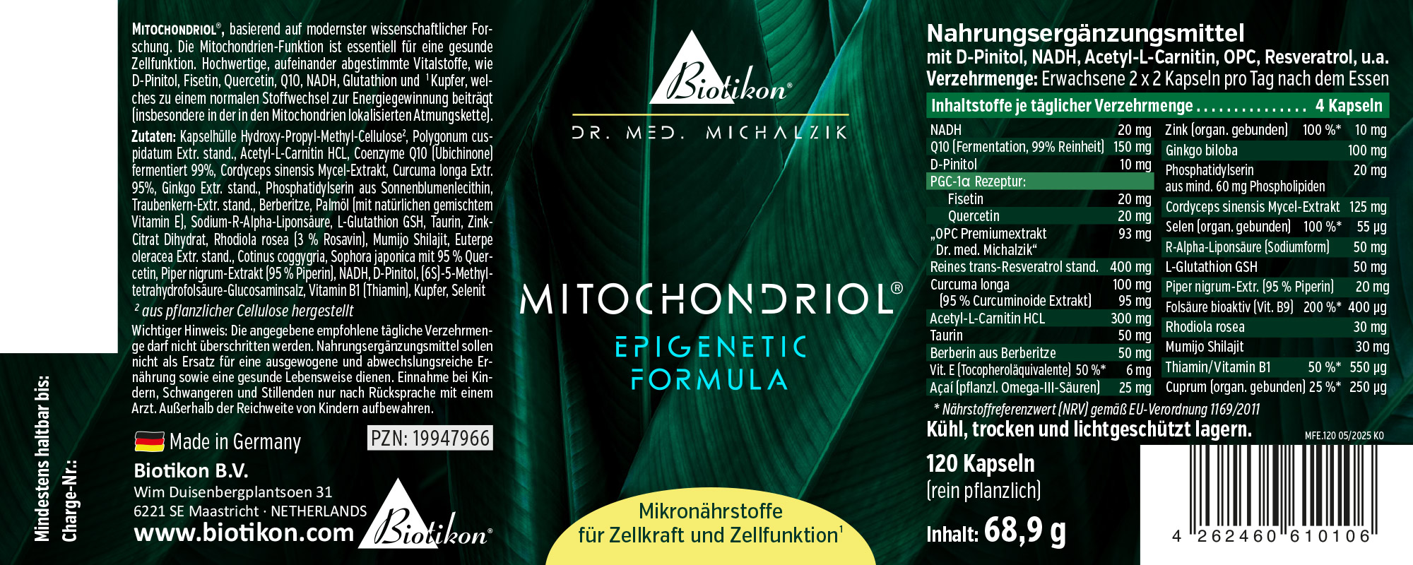 Mitochondriol 120 Capsules – Complément Alimentaire Complément alimentaire dans un emballage foncé avec un design vert, contient 120 capsules végétales.