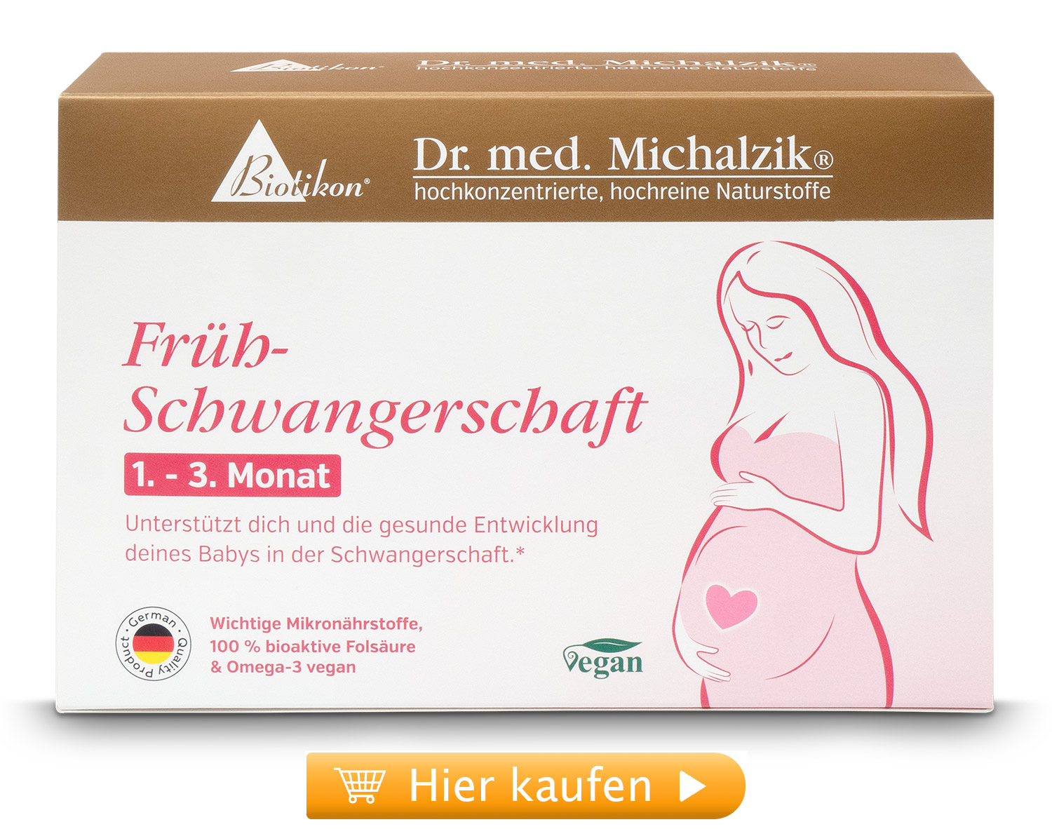 Grossesse Précoce 1-3 Mois - Capsules Emballage de compléments végétariens pour femmes enceintes, 1-3 mois, design rose.