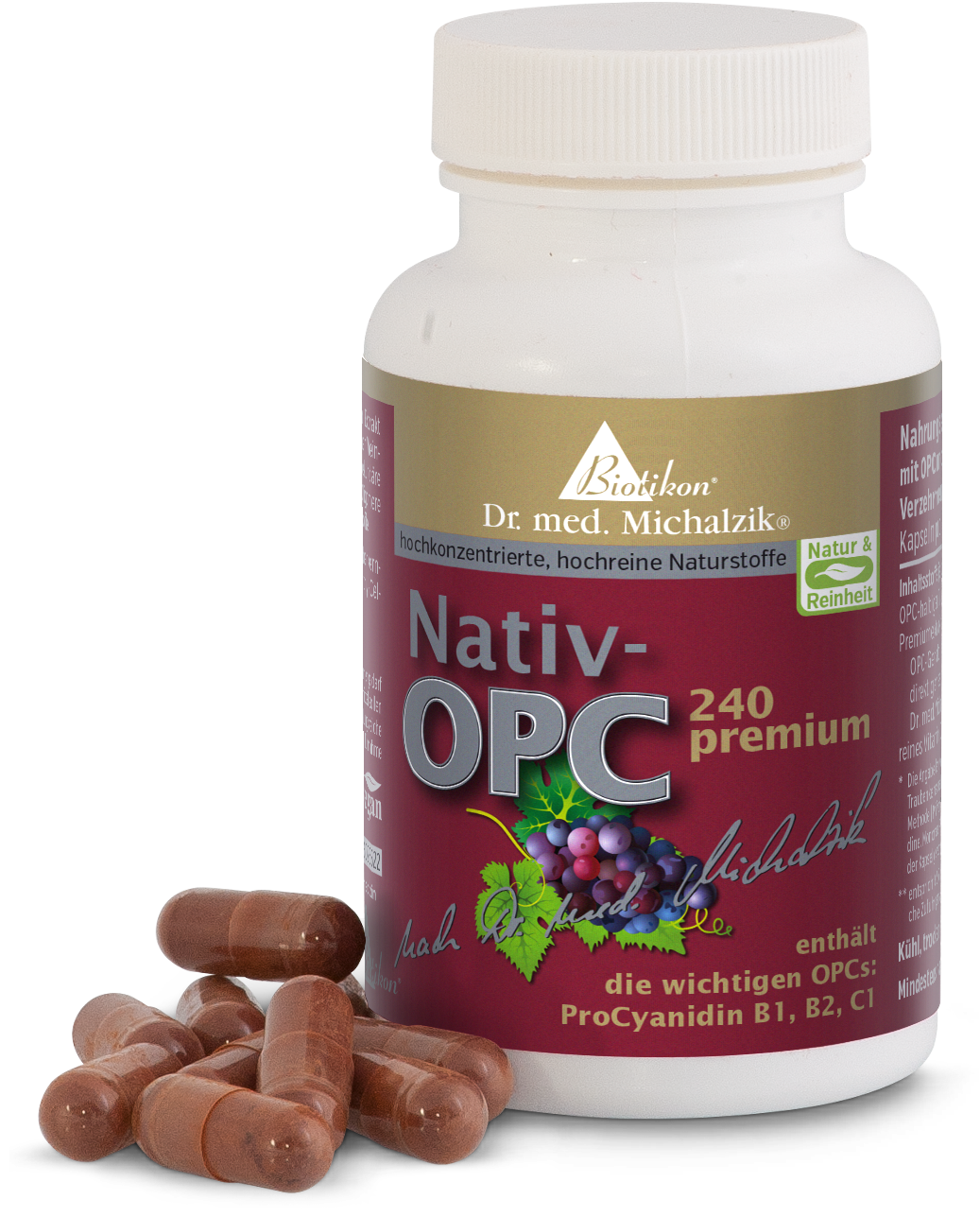 Nativ-OPC 240 – Capsules Capsules Nativ-OPC de couleur brune, 240 pièces dans un emballage rouge et blanc.