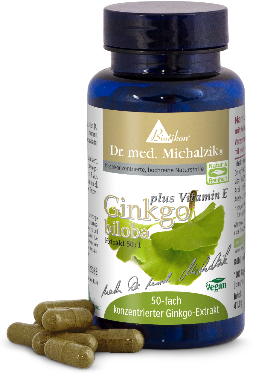 Ginkgo Biloba 50:1 Capsules – 100 Comprimés Bouteille en verre bleue avec extrait de Ginkgo 50x et Vitamine E, capsules brun-vert au premier plan.
