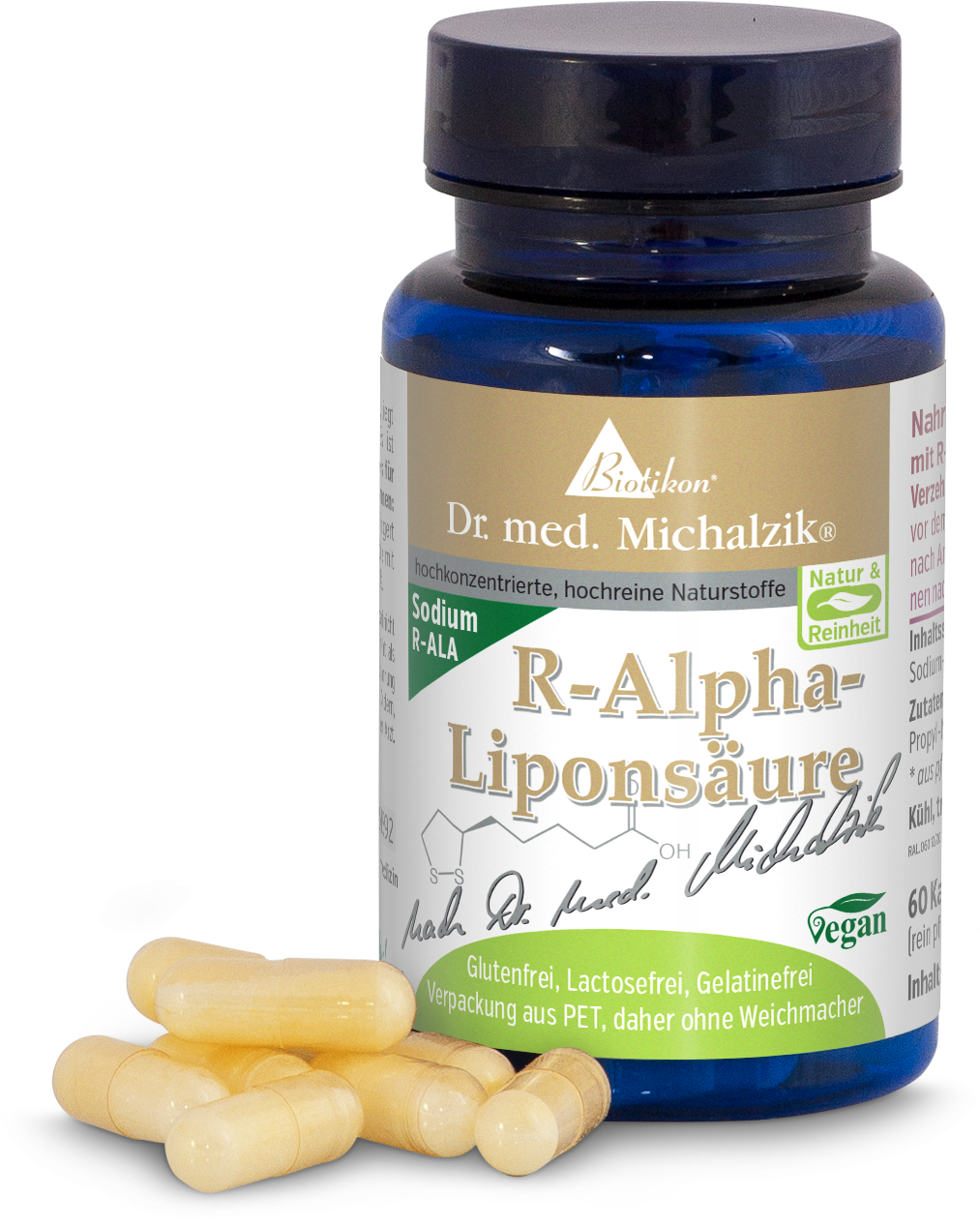 Acide R-alpha-lipoïque – 60 Capsules Bouteille avec capsules d'acide R-alpha-lipoïque, 60 unités, jaune, végétalien.