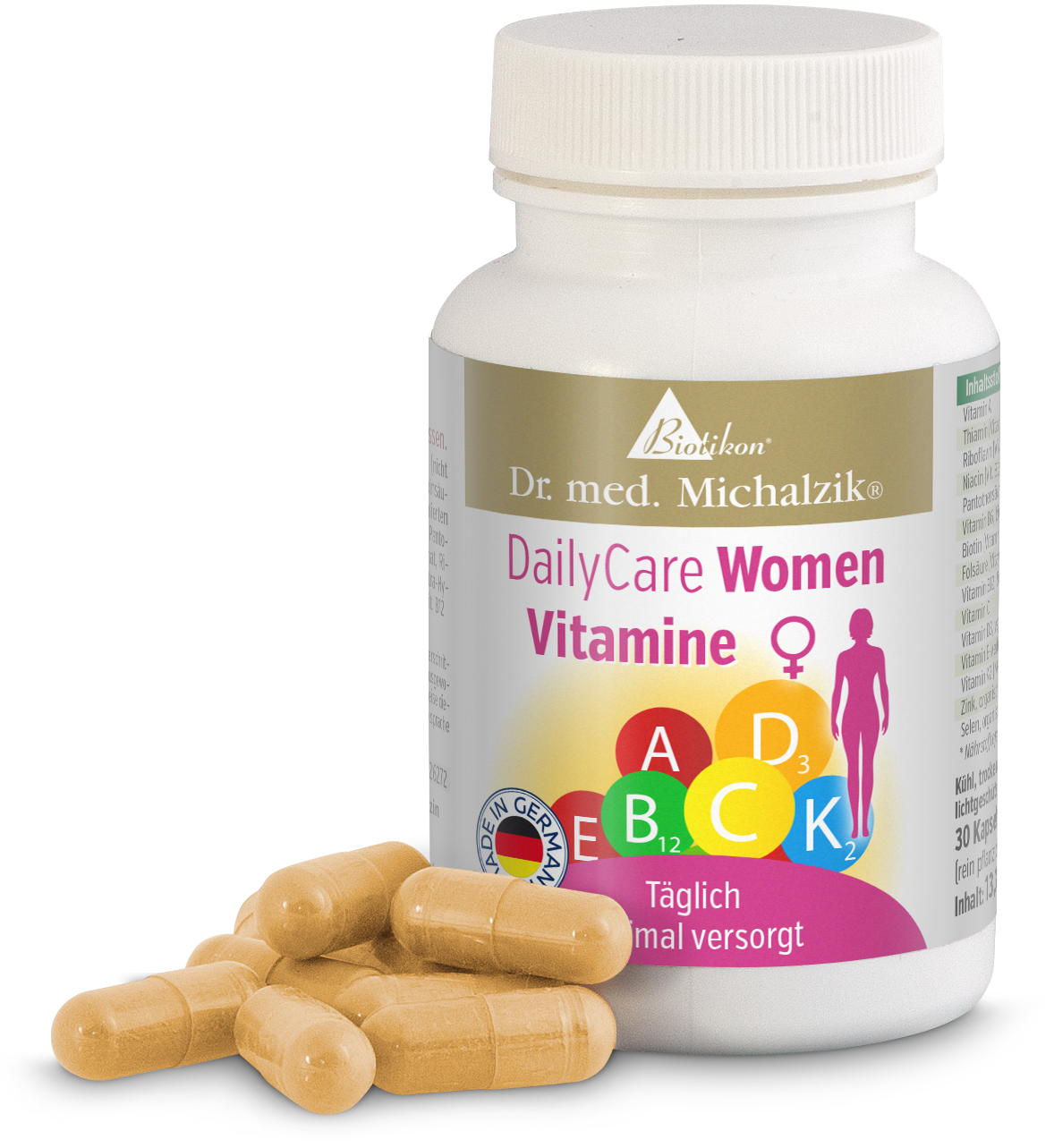 Vitamine DailyCare Femmes – 30 Capsules Récipient en plastique blanc contenant 30 capsules, capsules beige devant, étiquette colorée.
