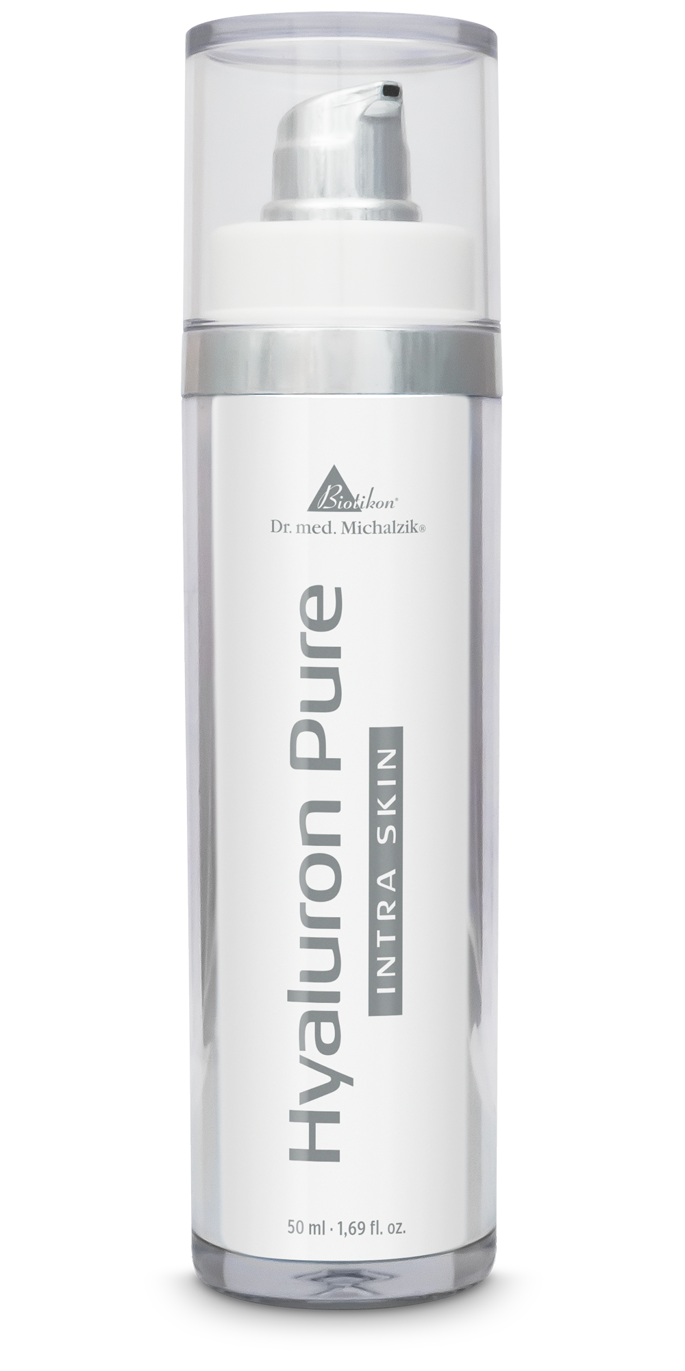 Hyaluron Pur 50 ml - Flacon Pompe Hyaluron Pur dans un flacon pompe transparent, 50 ml, accents argentés, visibilité claire.