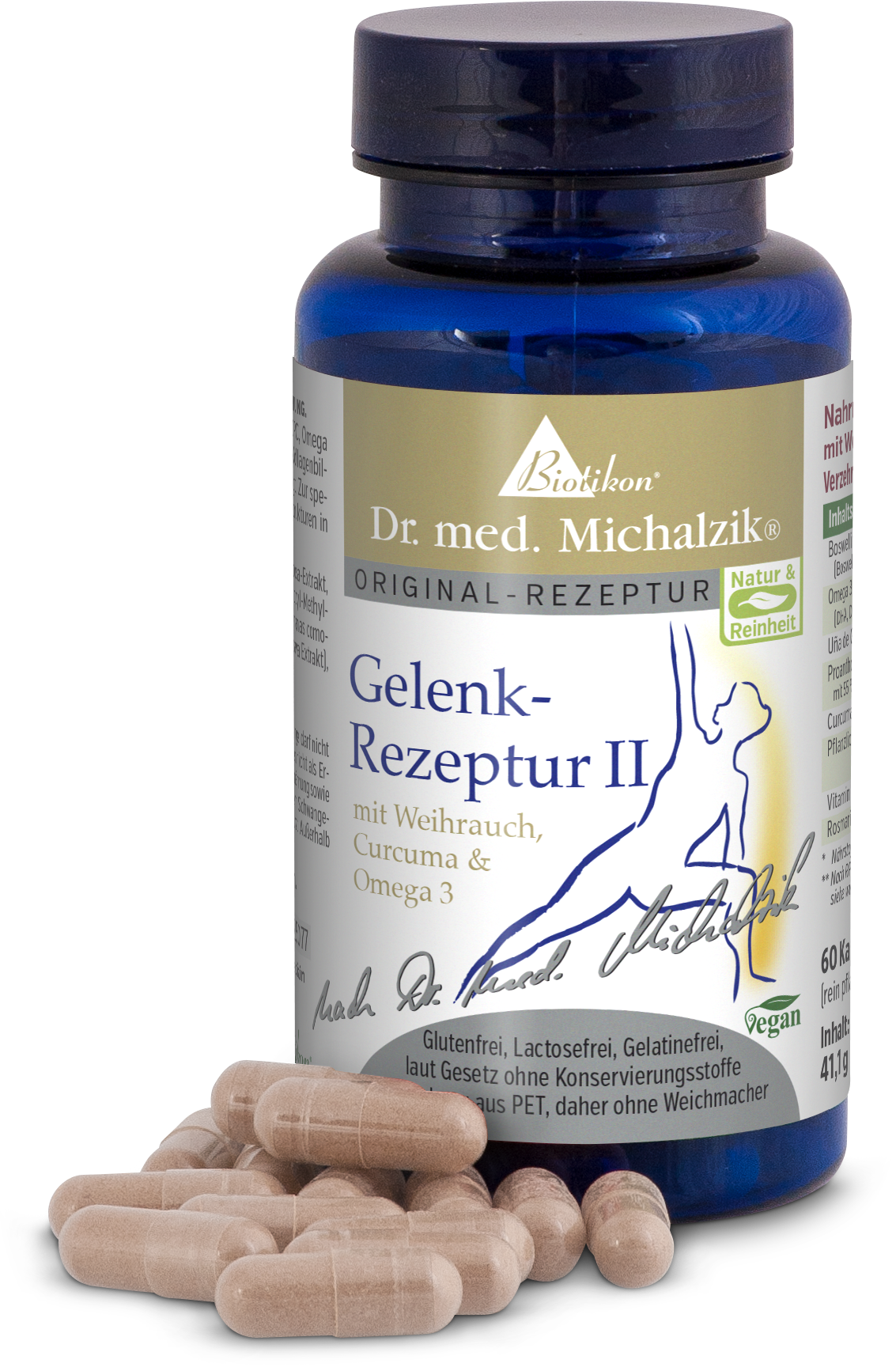 Formule Articulaire II – 60 Capsules Formule Articulaire II de Biotikon, 60 capsules vegan dans une bouteille bleue, avec boswellia et curcuma.