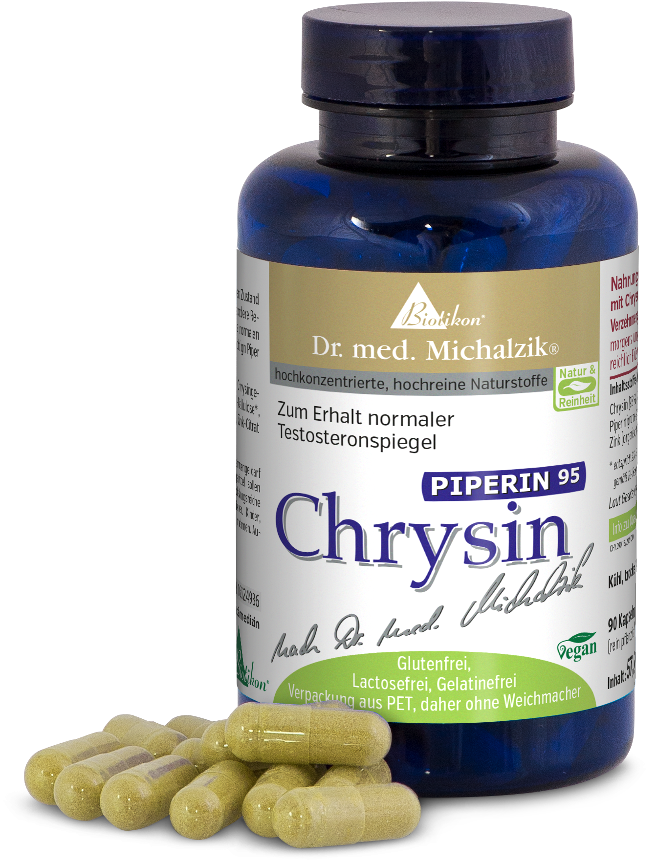 Chrysin 90 Capsules – Complément Alimentaire Bouteille bleue avec 90 capsules jaunâtres, véganes, sans gluten, sur fond blanc.